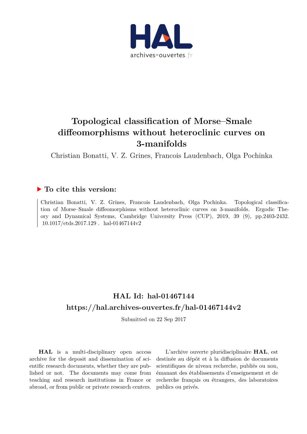 Topological Classification of Morse–Smale Diffeomorphisms Without Heteroclinic Curves on 3-Manifolds Christian Bonatti, V
