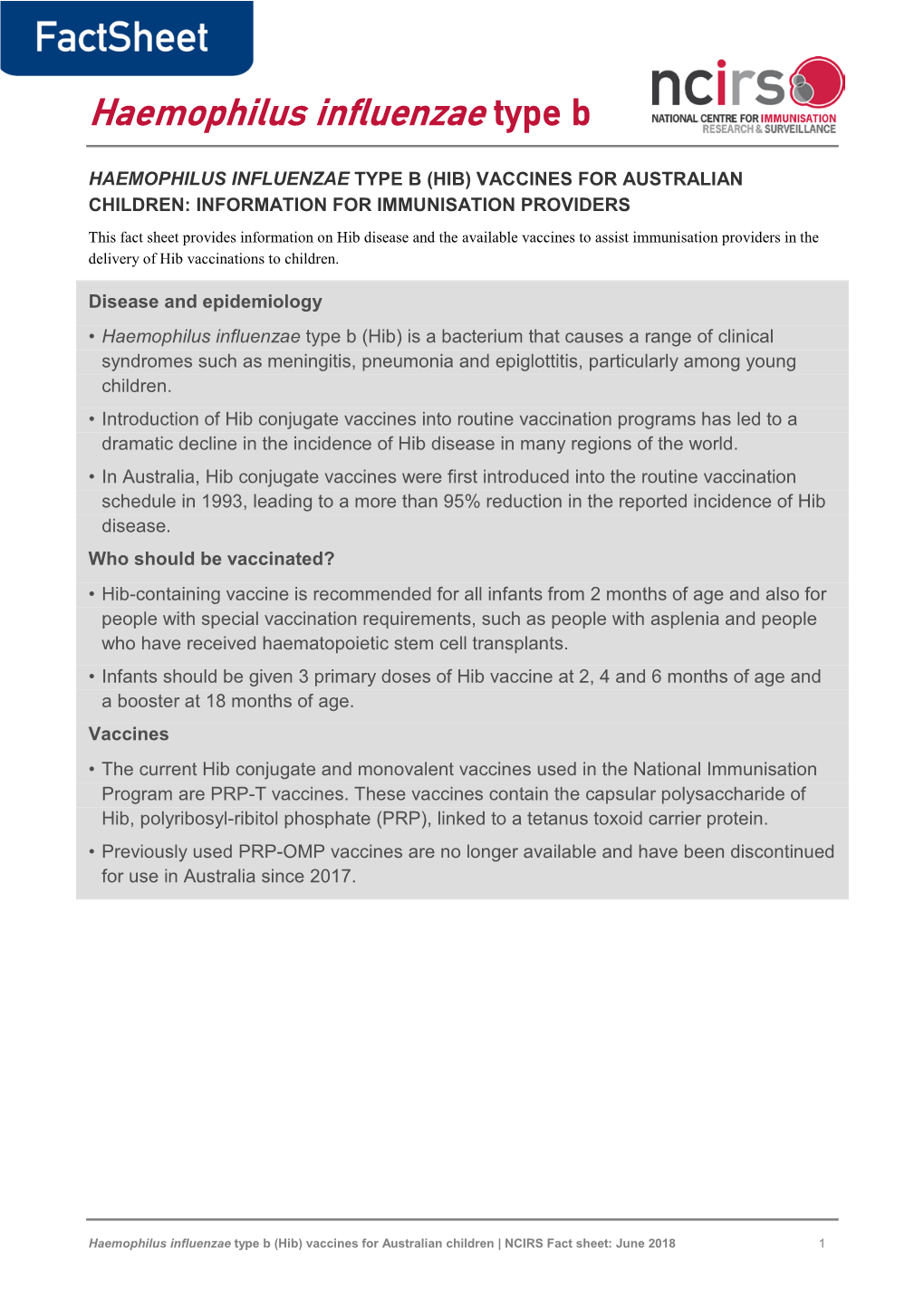 Haemophilus Influenzae Type B