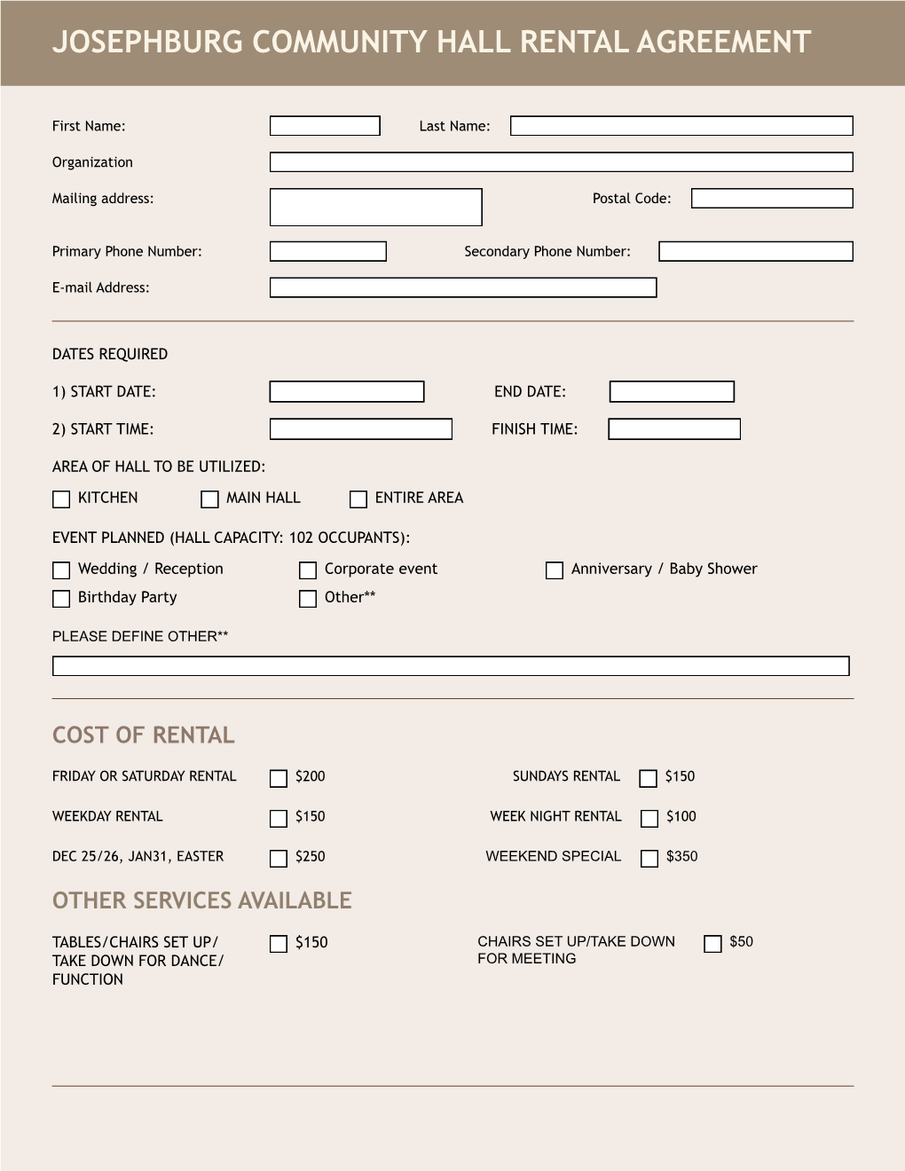 Josephburg Community Hall Rental Agreement