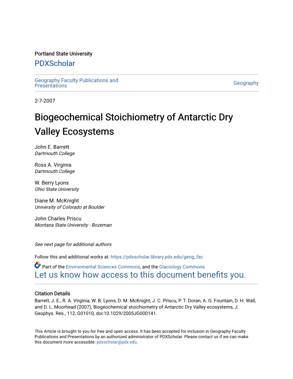 Biogeochemical Stoichiometry of Antarctic Dry Valley Ecosystems