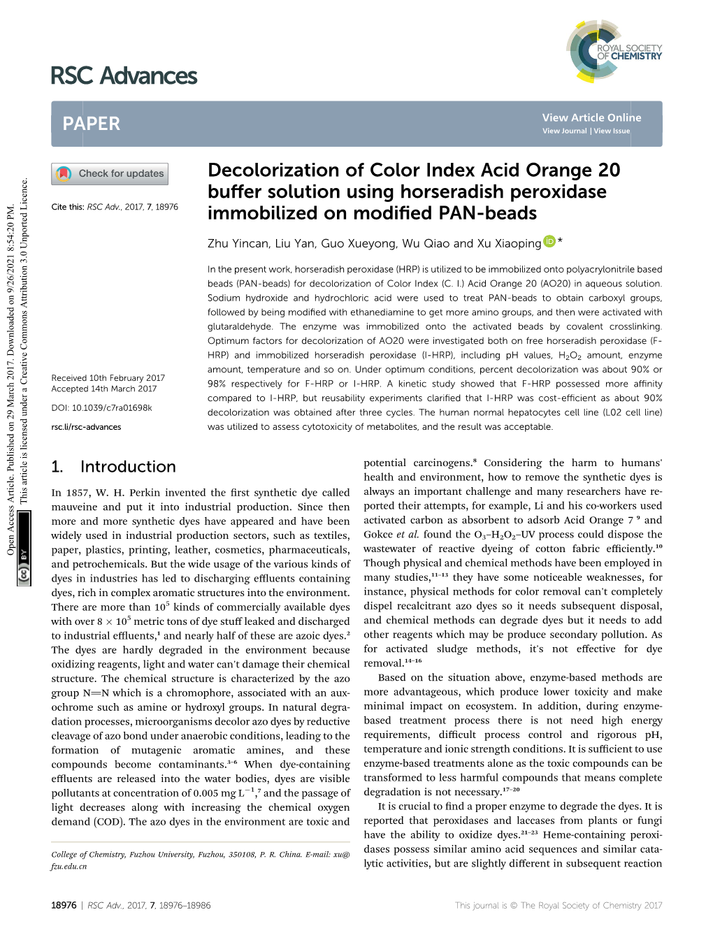 Decolorization of Color Index Acid Orange 20 Buffer Solution Using Horseradish Peroxidase Immobilized on Modified PAN-Beads