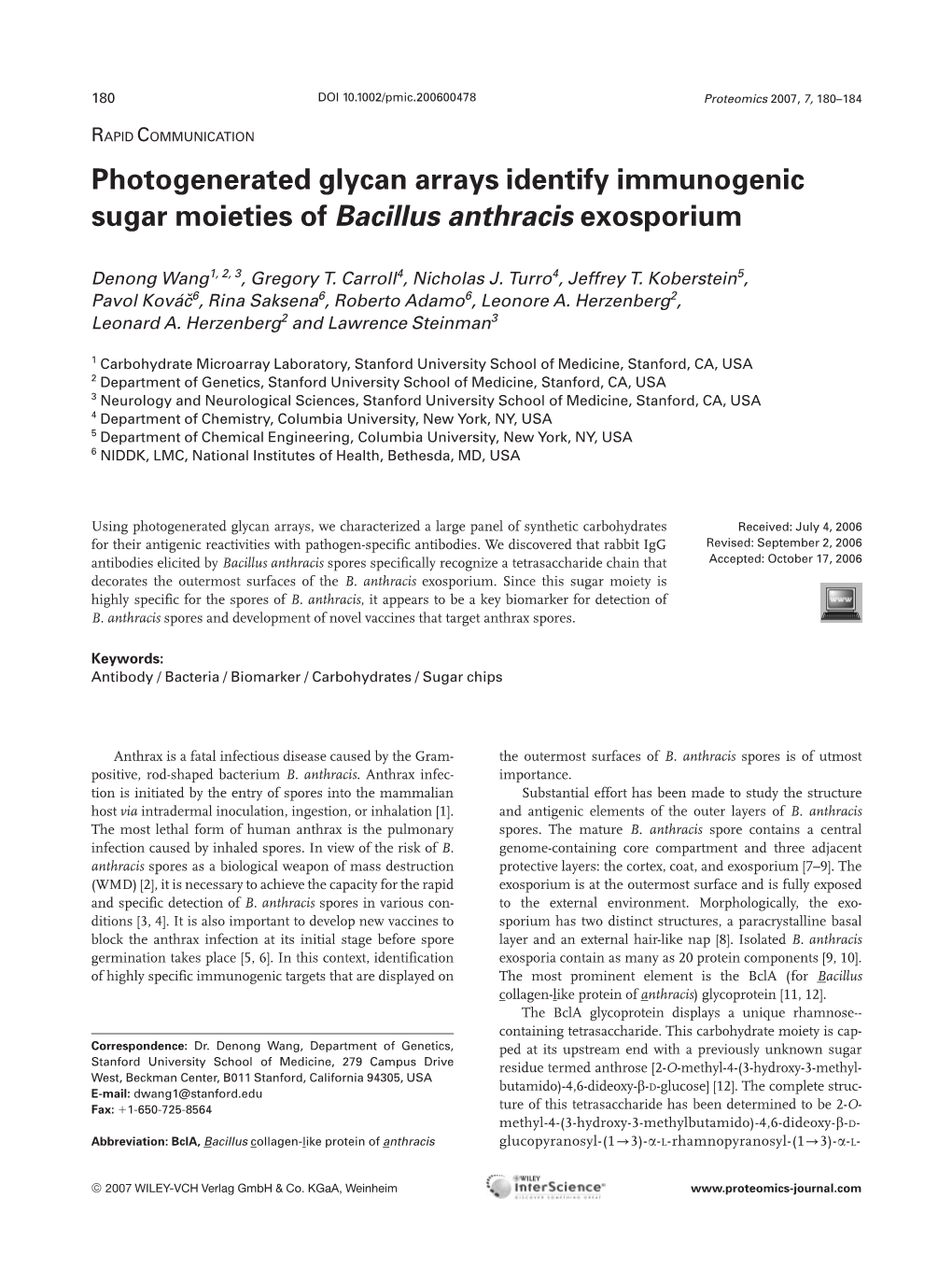 Photogenerated Glycan Arrays Identify Immunogenic Sugar Moieties of Bacillus Anthracis Exosporium