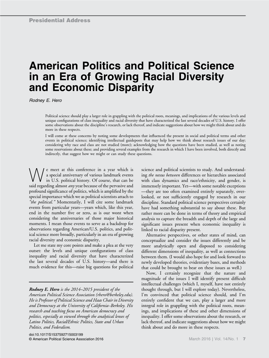 American Politics and Political Science in an Era of Growing Racial Diversity and Economic Disparity Rodney E