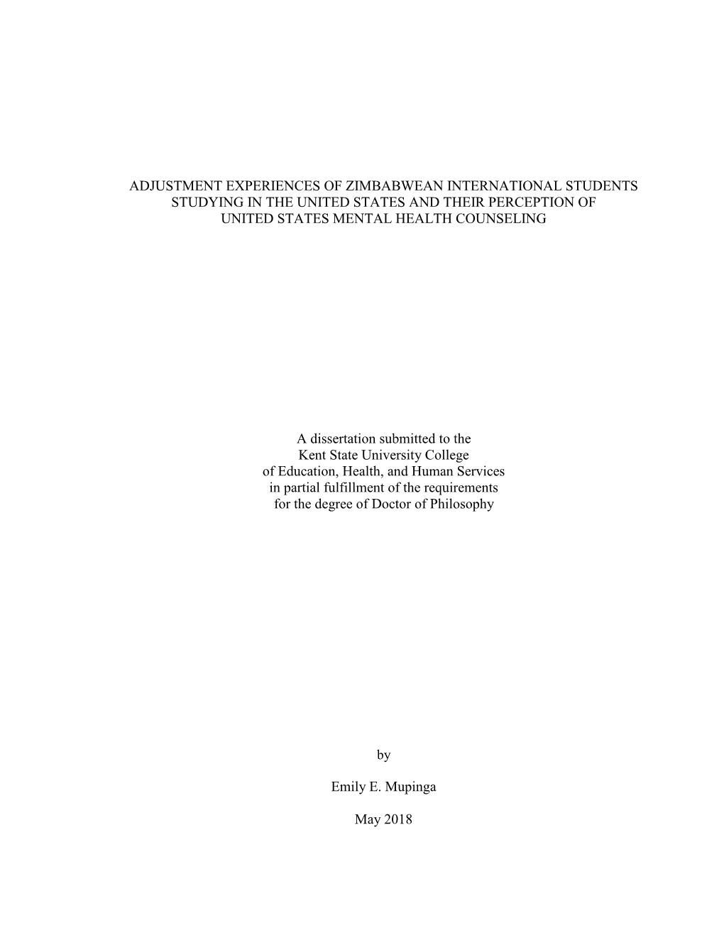 Adjustment Experiences of Zimbabwean International Students Studying in the United States and Their Perception of United States Mental Health Counseling