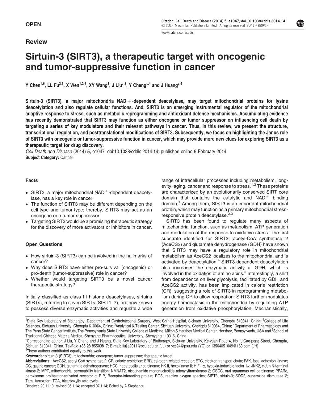 Sirtuin-3 (SIRT3), a Therapeutic Target with Oncogenic and Tumor-Suppressive Function in Cancer