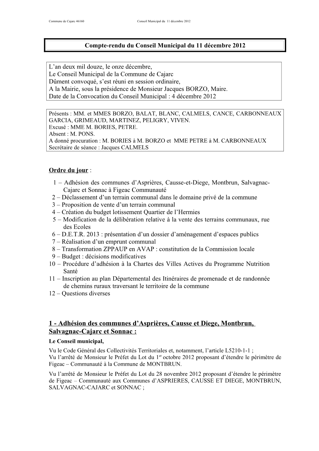 Compte-Rendu Du Conseil Municipal Du 11 Seprembre 2012