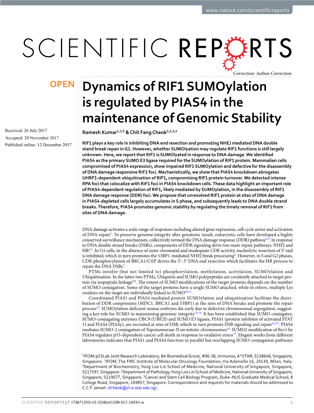 Dynamics of RIF1 Sumoylation Is Regulated by PIAS4 in The