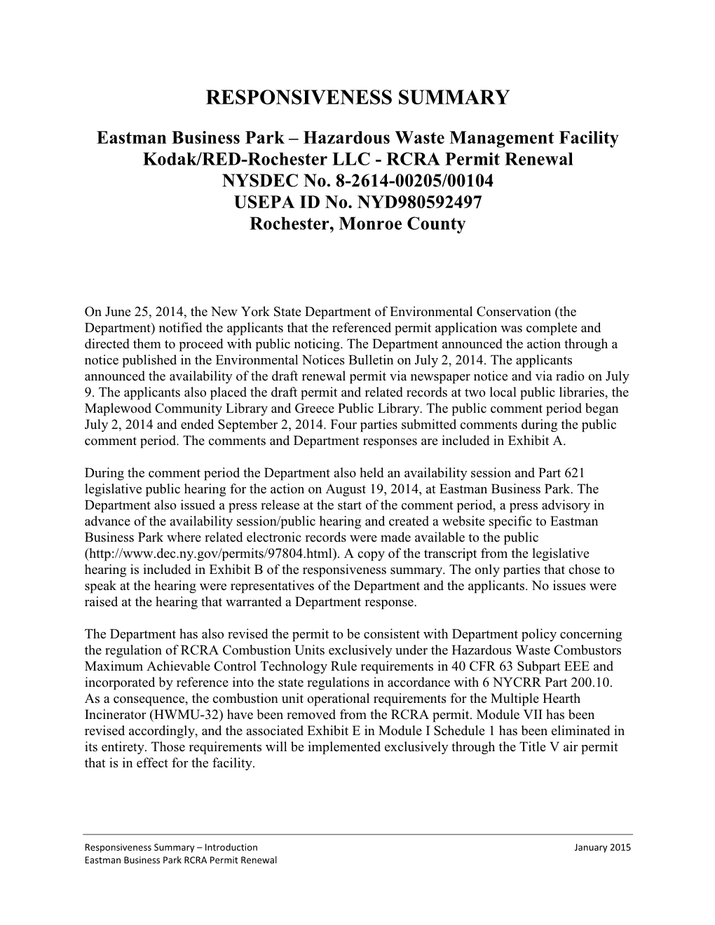 Eastman Business Park – Hazardous Waste Management Facility Kodak/RED-Rochester LLC - RCRA Permit Renewal NYSDEC No