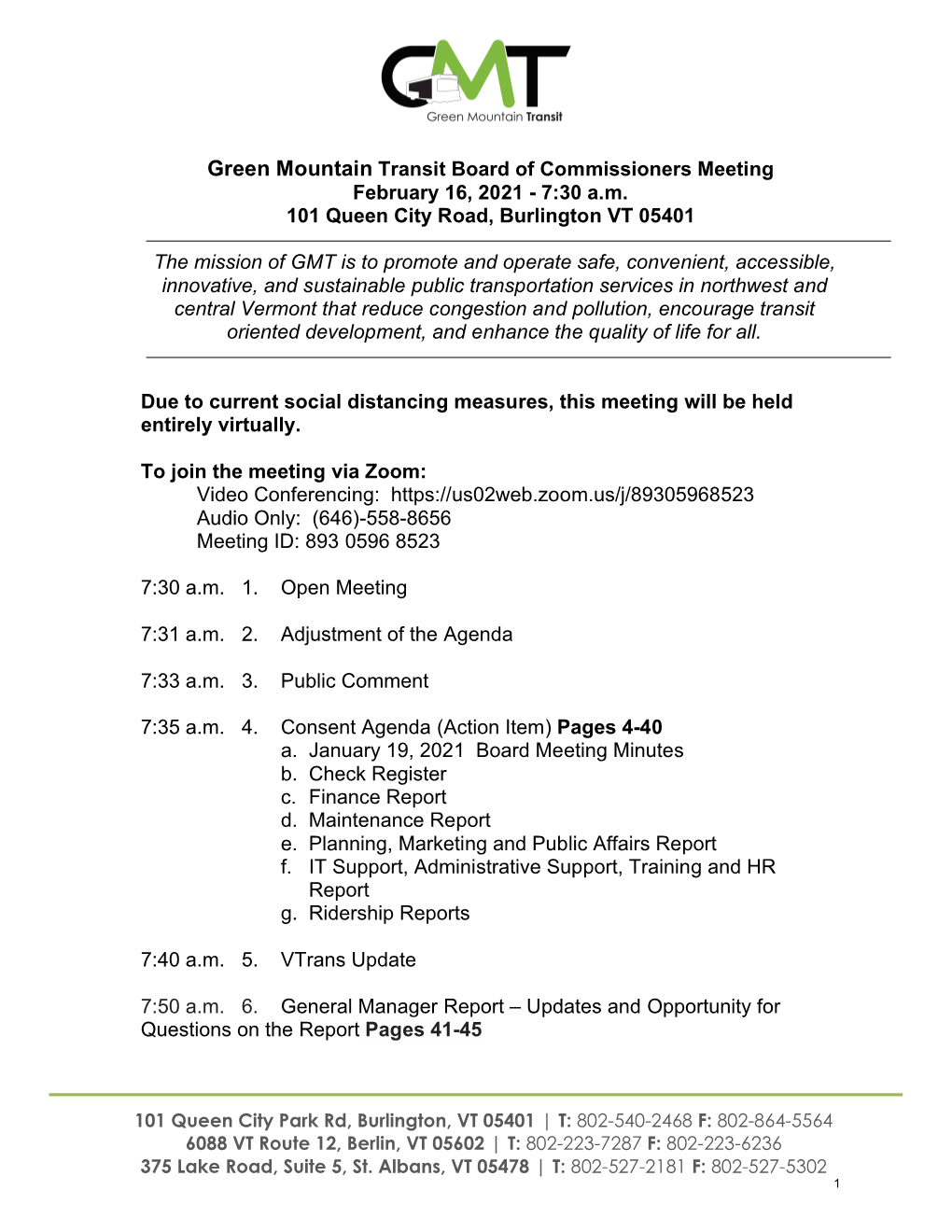 Green Mountain Transit Board of Commissioners Meeting February 16, 2021 - 7:30 A.M