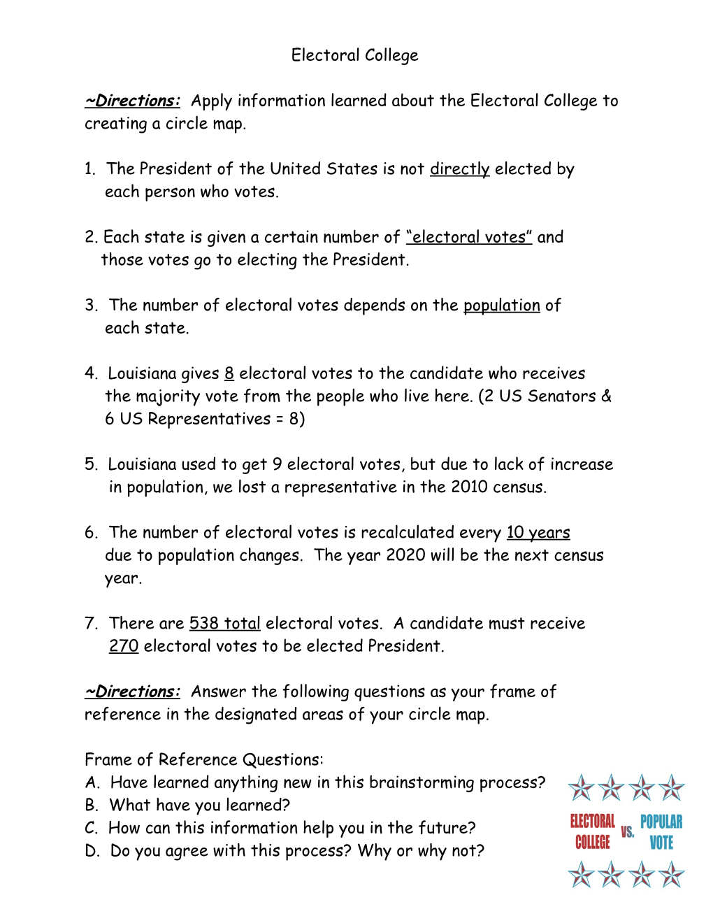 Directions: Apply Information Learned About the Electoral College to Creating a Circle Map