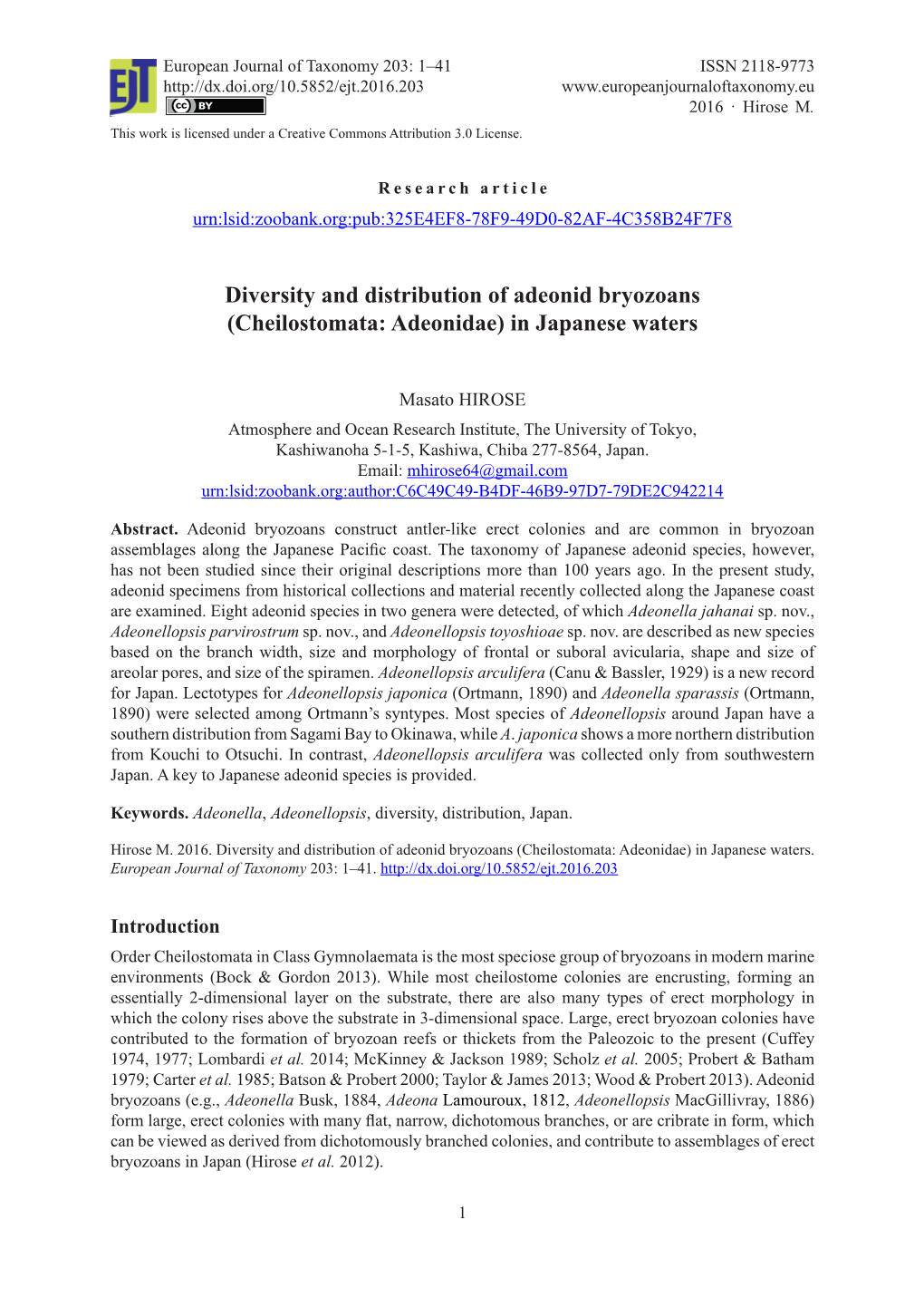 Diversity and Distribution of Adeonid Bryozoans (Cheilostomata: Adeonidae) in Japanese Waters