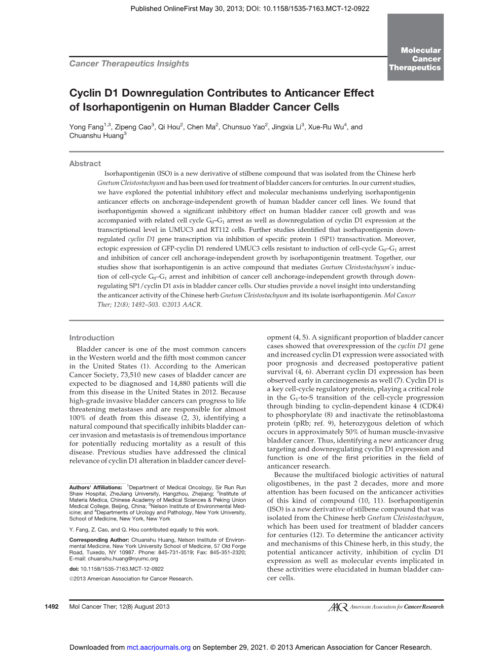 Cyclin D1 Downregulation Contributes to Anticancer Effect of Isorhapontigenin on Human Bladder Cancer Cells