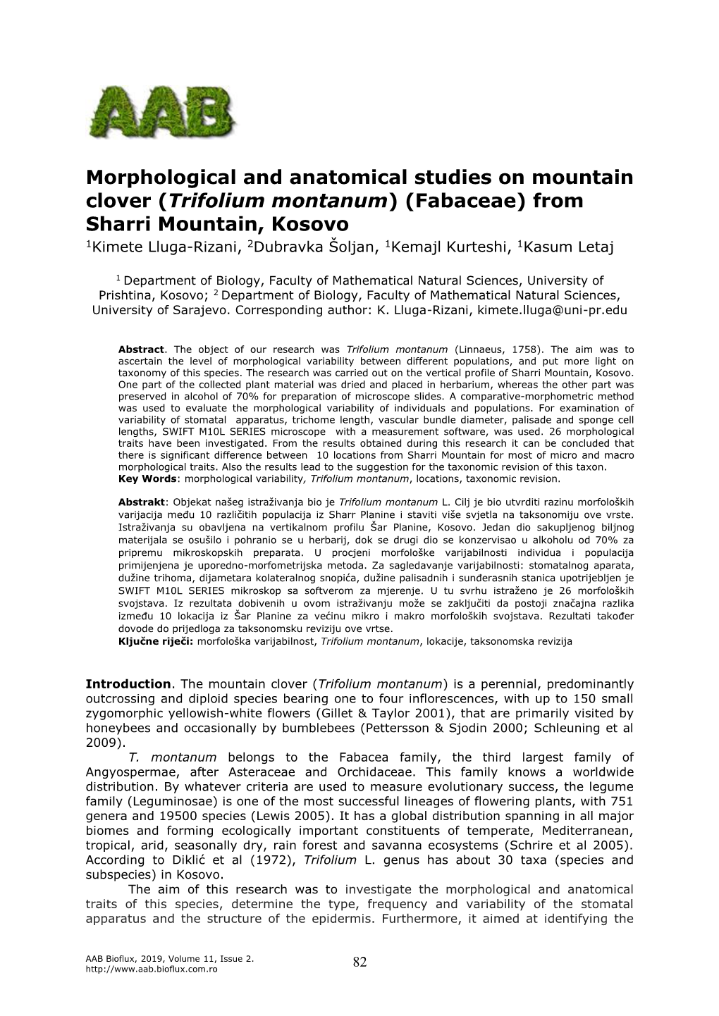 Trifolium Montanum) (Fabaceae) from Sharri Mountain, Kosovo 1Kimete Lluga-Rizani, 2Dubravka Šoljan, 1Kemajl Kurteshi, 1Kasum Letaj