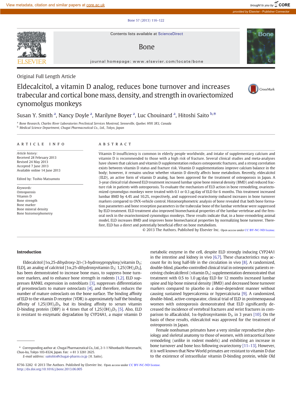 Eldecalcitol, a Vitamin D Analog, Reduces Bone Turnover and Increases Trabecular and Cortical Bone Mass, Density, and Strength in Ovariectomized Cynomolgus Monkeys