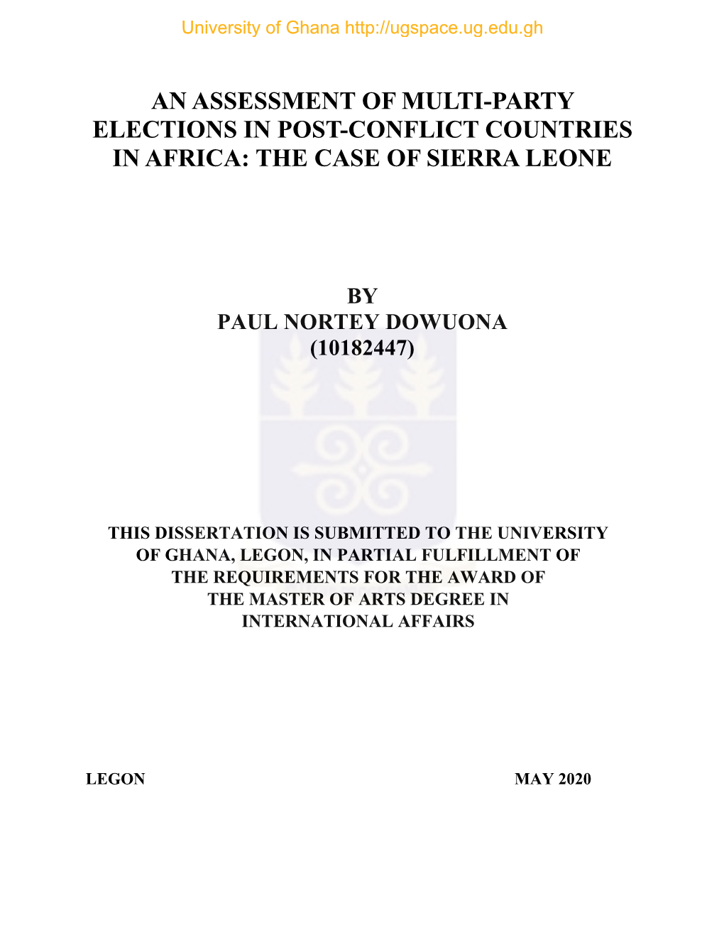 An Assessment of Multi-Party Elections in Post-Conflict Countries in Africa: the Case of Sierra Leone