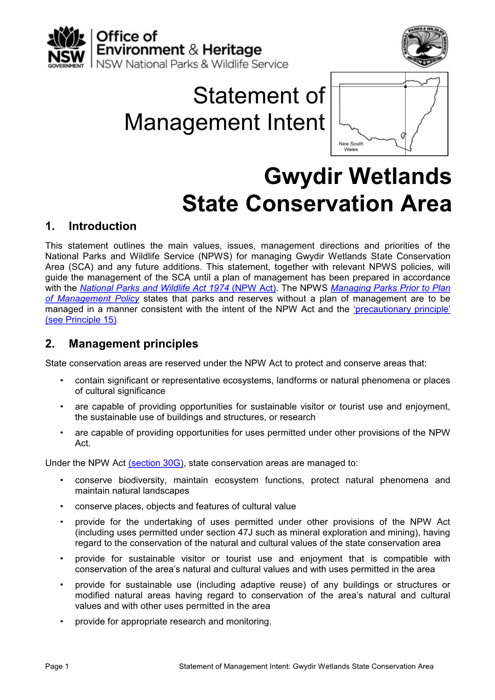 Gwydir Wetlands State Conservation Area Statement of Management