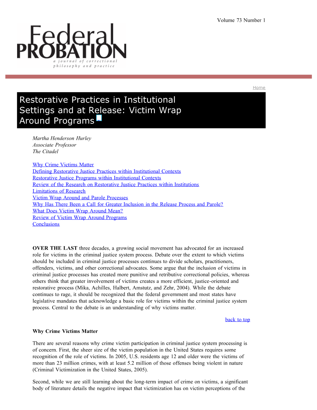 Restorative Practices in Institutional Settings and at Release: Victim Wrap Around Programs *