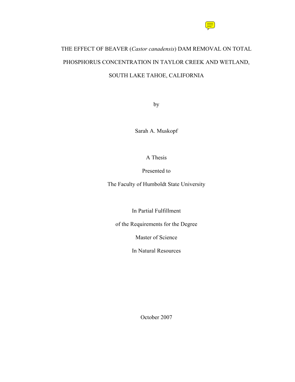 Dam Removal on Total Phosphorus Concentration in Taylor Creek and Wetland, South Lake Tahoe, California