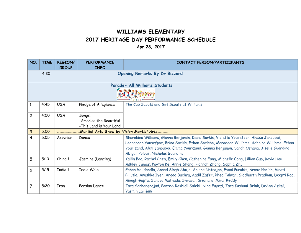 WILLIAMS ELEMENTARY 2017 HERITAGE DAY PERFORMANCE SCHEDULE Apr 28, 2017