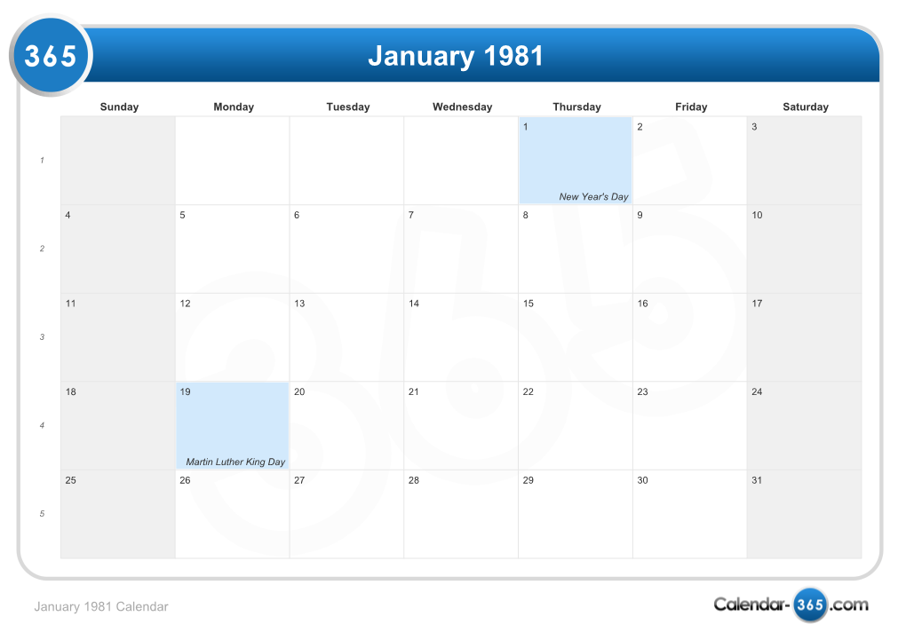 Month Calendar 1981 & Holidays 1981