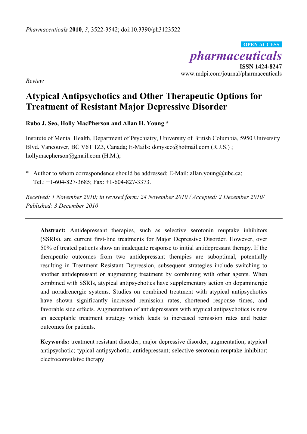 Atypical Antipsychotics and Other Therapeutic Options for Treatment of Resistant Major Depressive Disorder