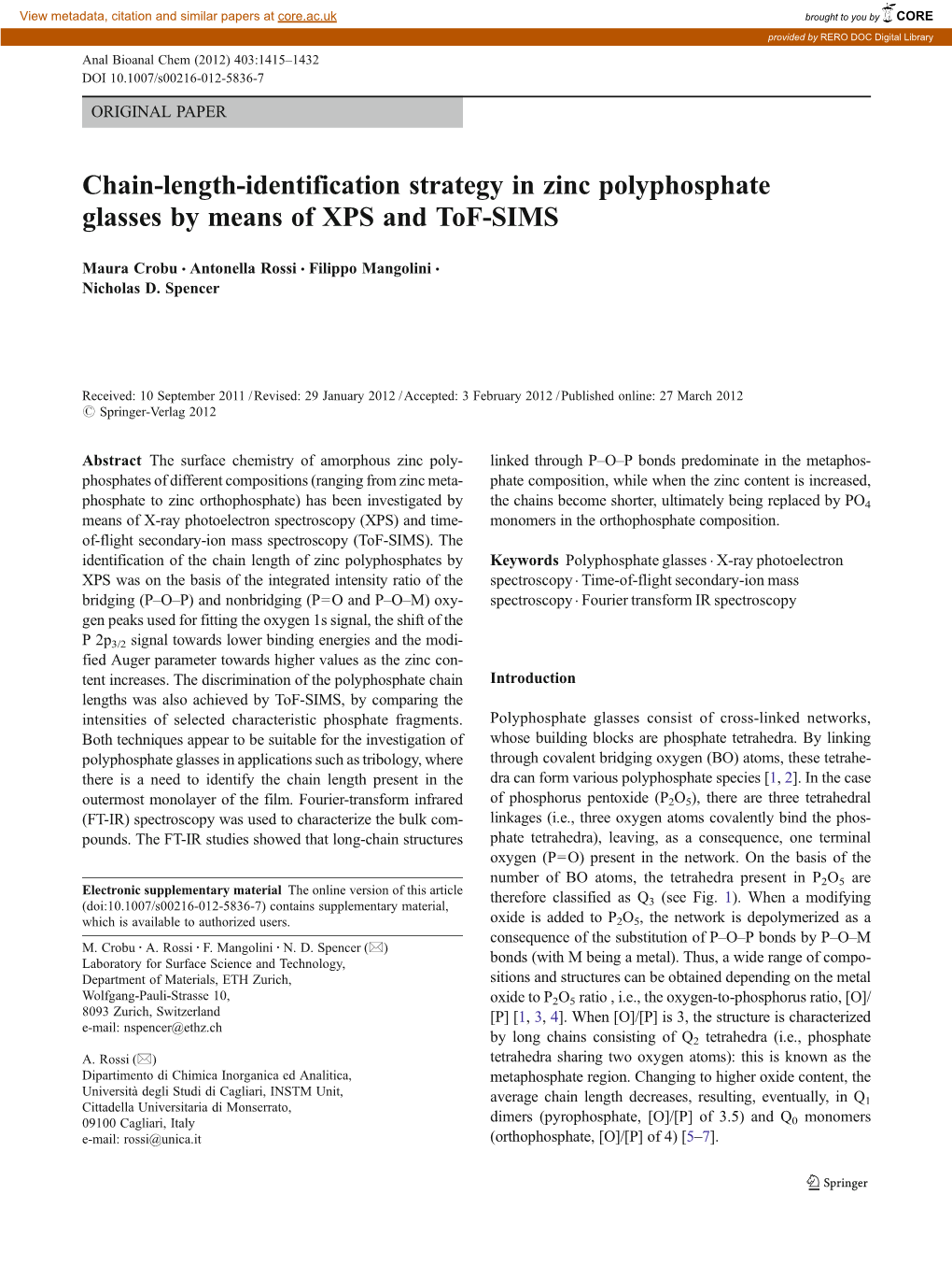 Chain-Length-Identification Strategy in Zinc Polyphosphate Glasses by Means of XPS and Tof-SIMS
