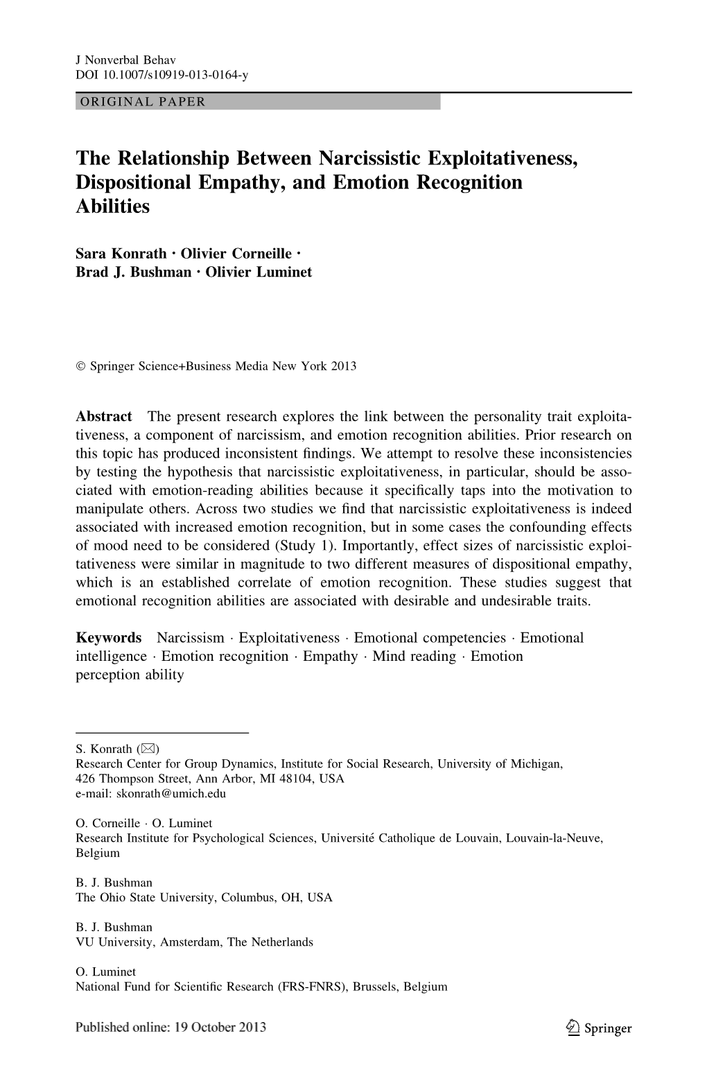 The Relationship Between Narcissistic Exploitativeness, Dispositional Empathy, and Emotion Recognition Abilities