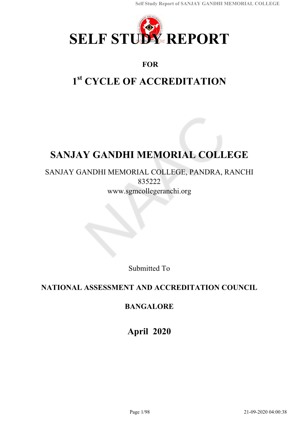 Self Study Report of SANJAY GANDHI MEMORIAL COLLEGE