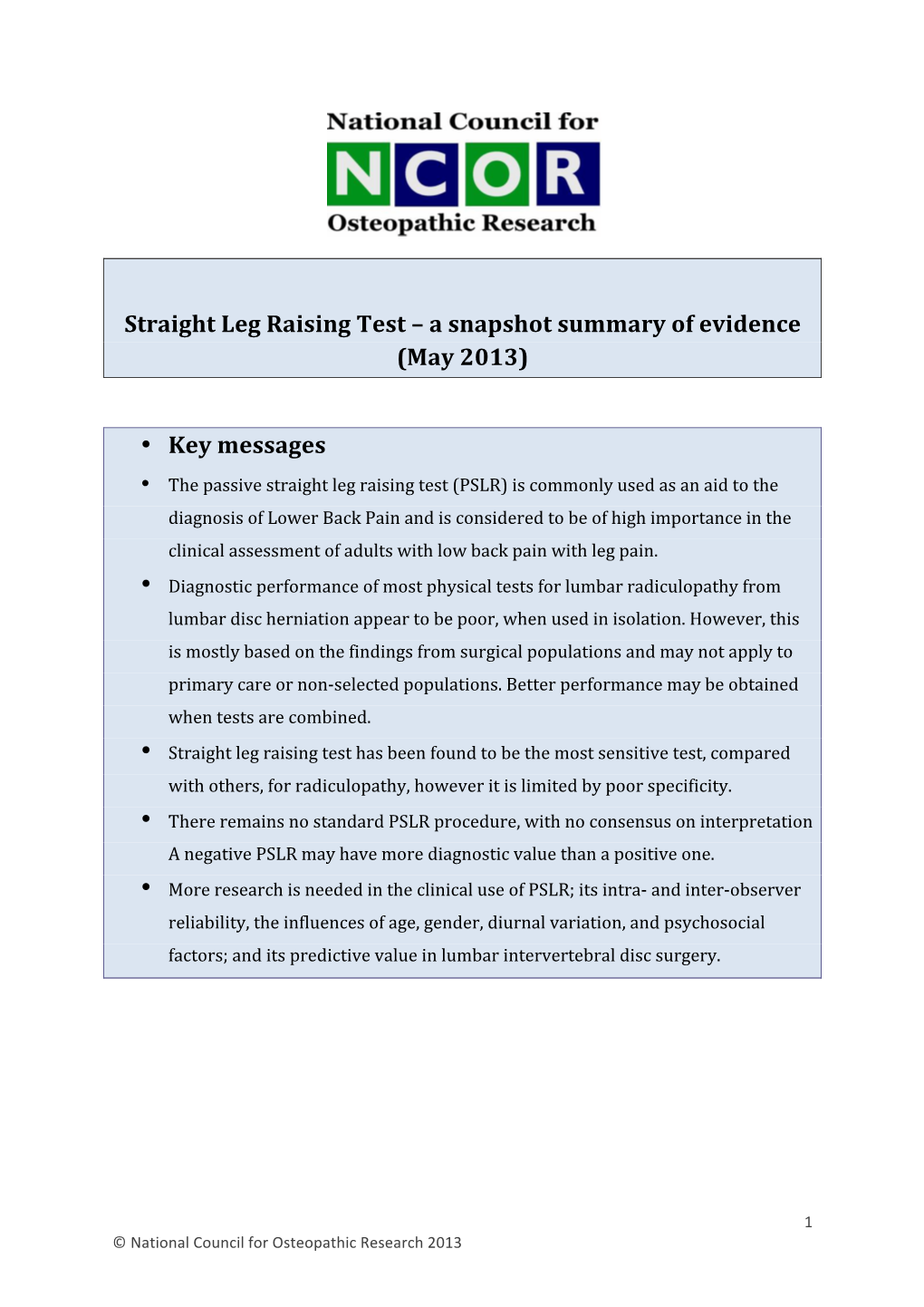 Straight Leg Raising Test – a Snapshot Summary of Evidence (May 2013)