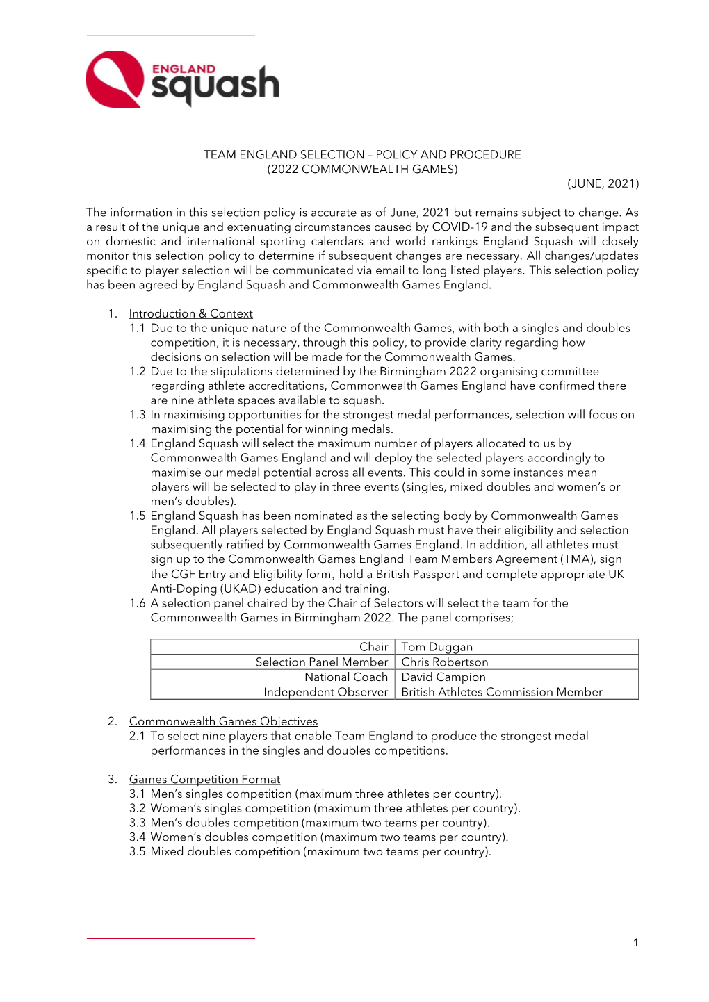 Team England Selection – Policy and Procedure (2022 Commonwealth Games) (June, 2021)