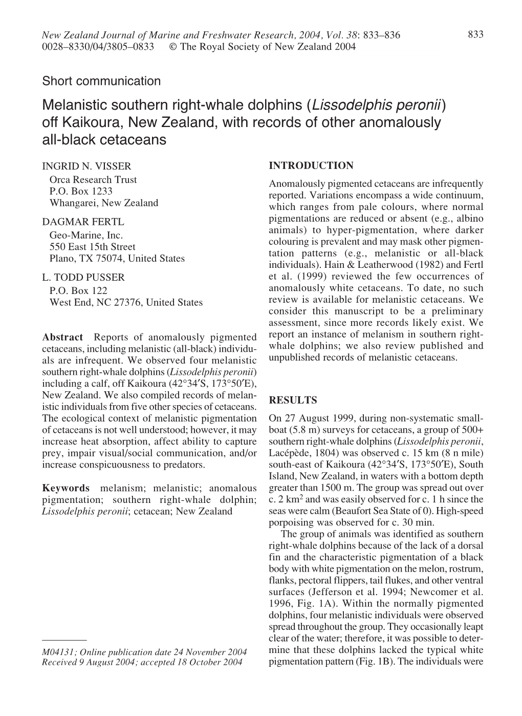 Melanistic Southern Right-Whale Dolphins (Lissodelphis Peronii) Off Kaikoura, New Zealand, with Records of Other Anomalously All-Black Cetaceans