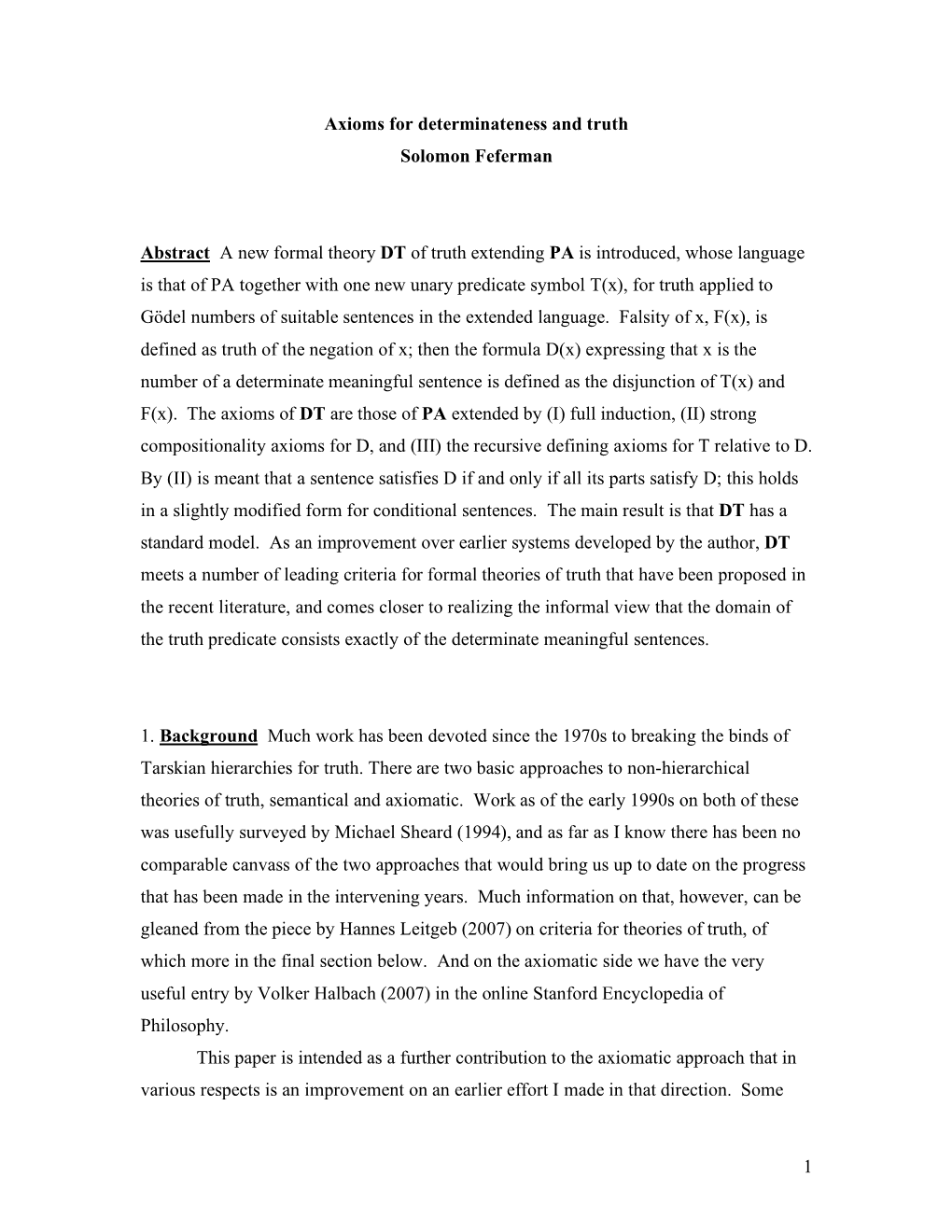 1 Axioms for Determinateness and Truth Solomon Feferman Abstract A