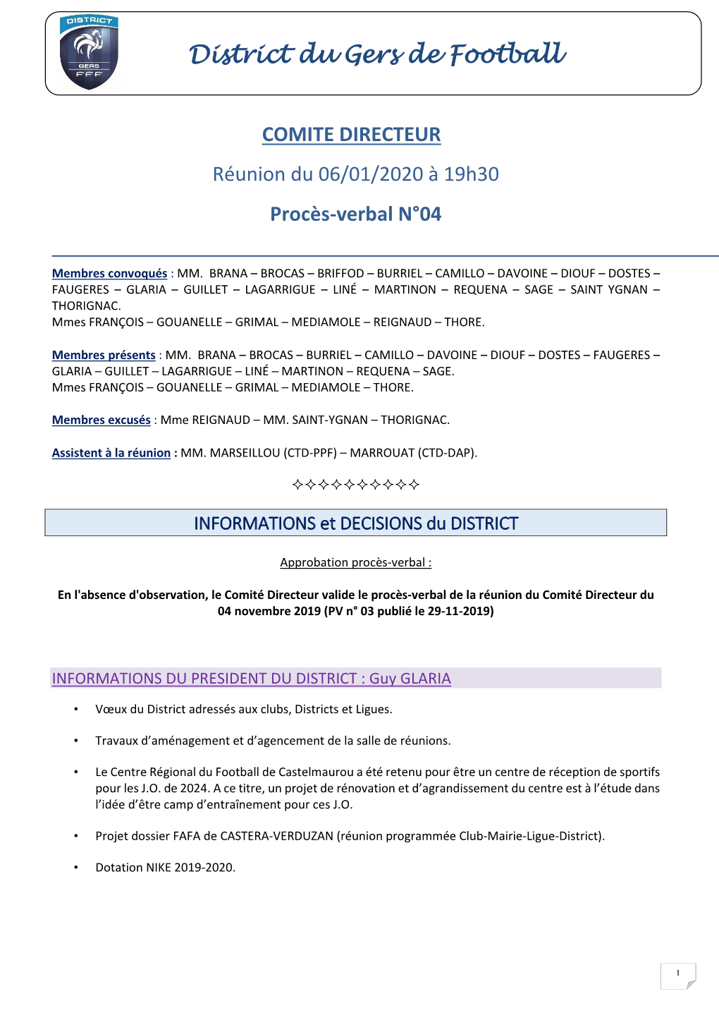 COMITE DIRECTEUR Réunion Du 06/01/2020 À 19H30 Procès-Verbal N°04