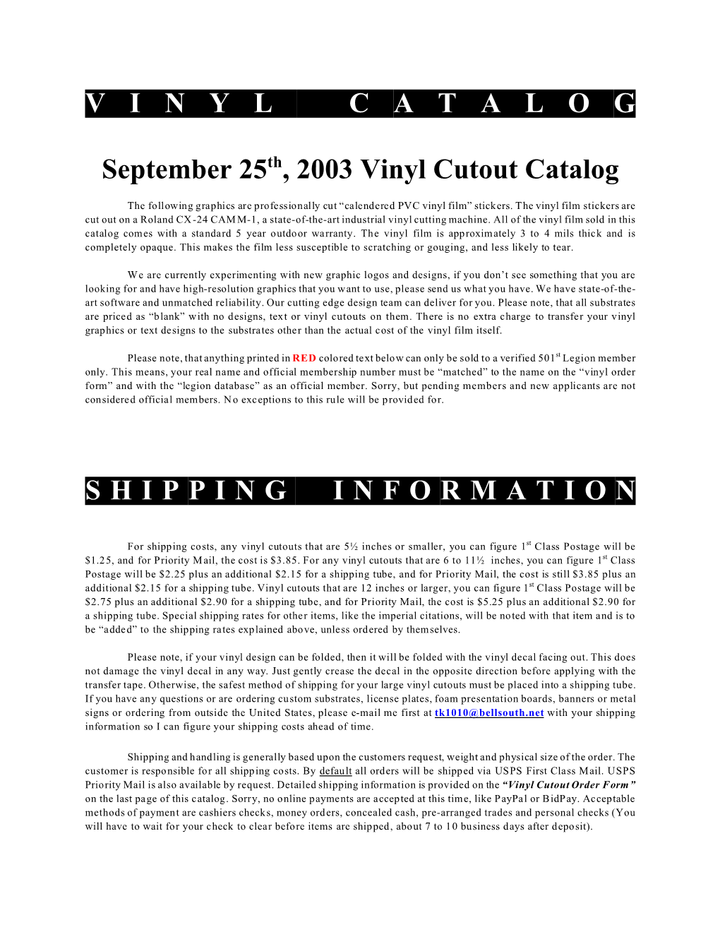 V I N Y L C a T a L O G September 25Th, 2003 Vinyl Cutout Catalog