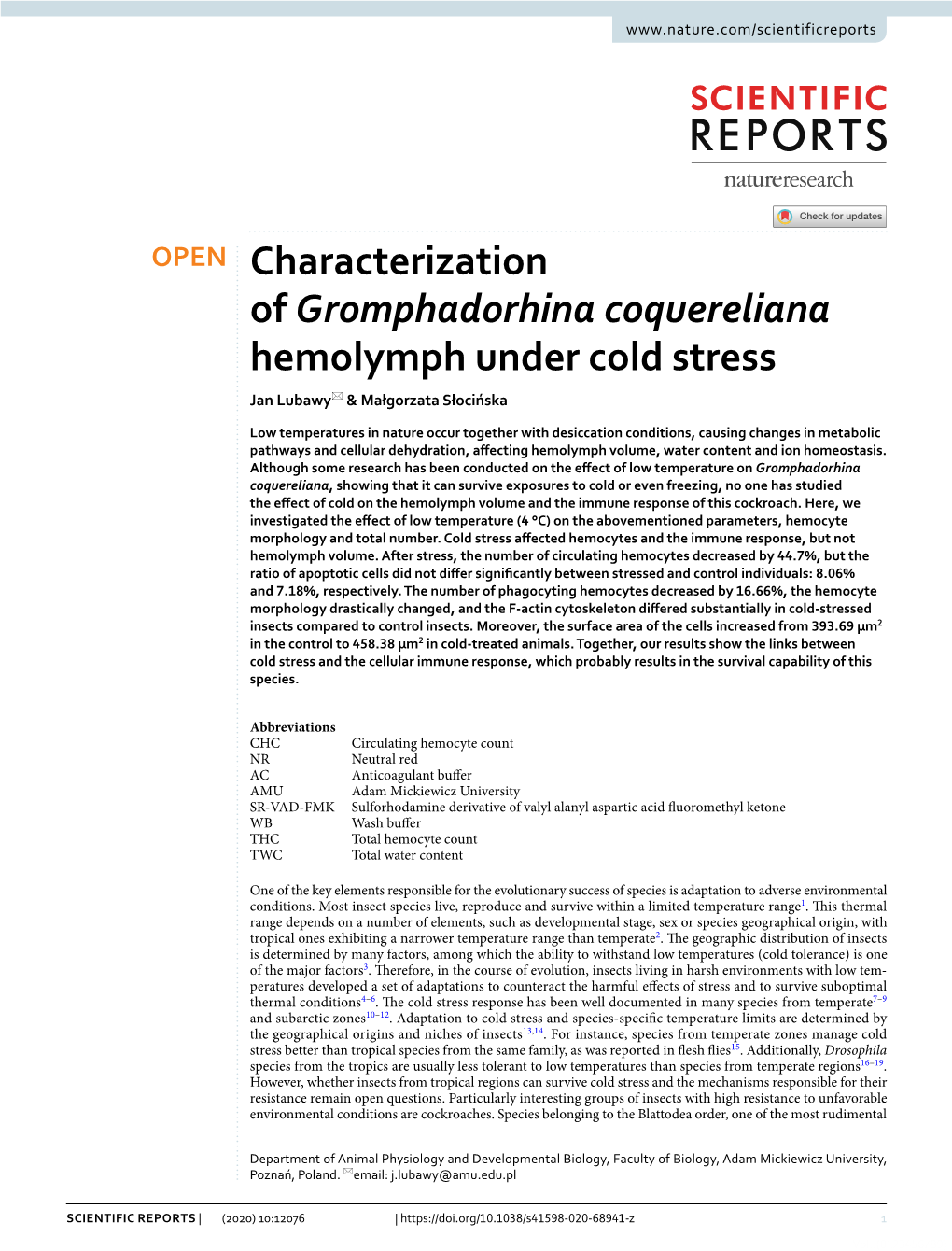 Characterization of Gromphadorhina Coquereliana Hemolymph Under Cold Stress Jan Lubawy* & Małgorzata Słocińska