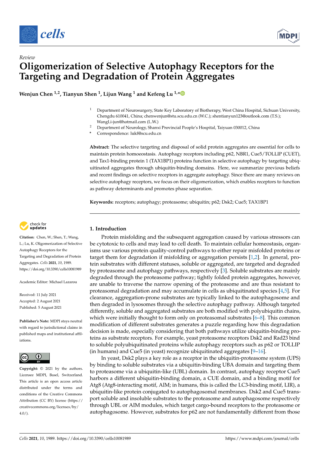 Oligomerization of Selective Autophagy Receptors for the Targeting and Degradation of Protein Aggregates