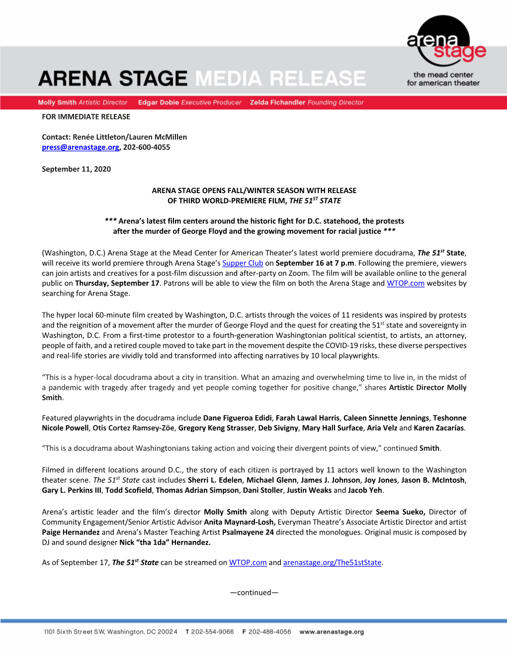 FOR IMMEDIATE RELEASE Contact: Renée Littleton/Lauren Mcmillen Press@Arenastage.Org, 202-600-4055 September 11, 2020 ARENA STAG