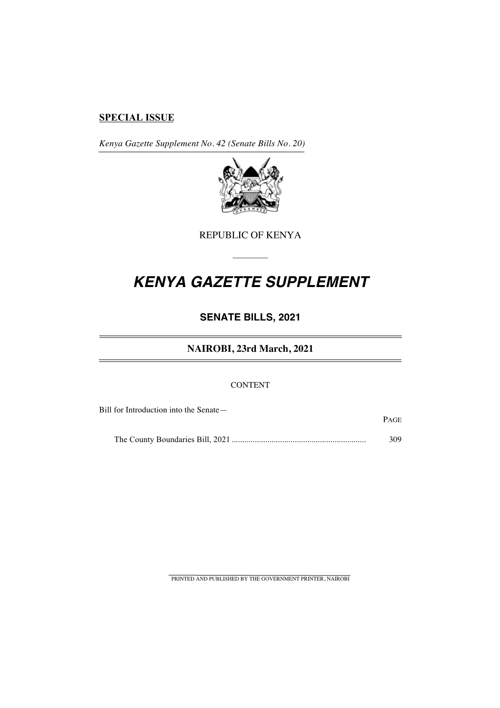 THE COUNTY BOUNDARIES BILL, 2021 ARRANGEMENT of CLAUSES Clause PART I - PRELIMINARY 1—Short Title