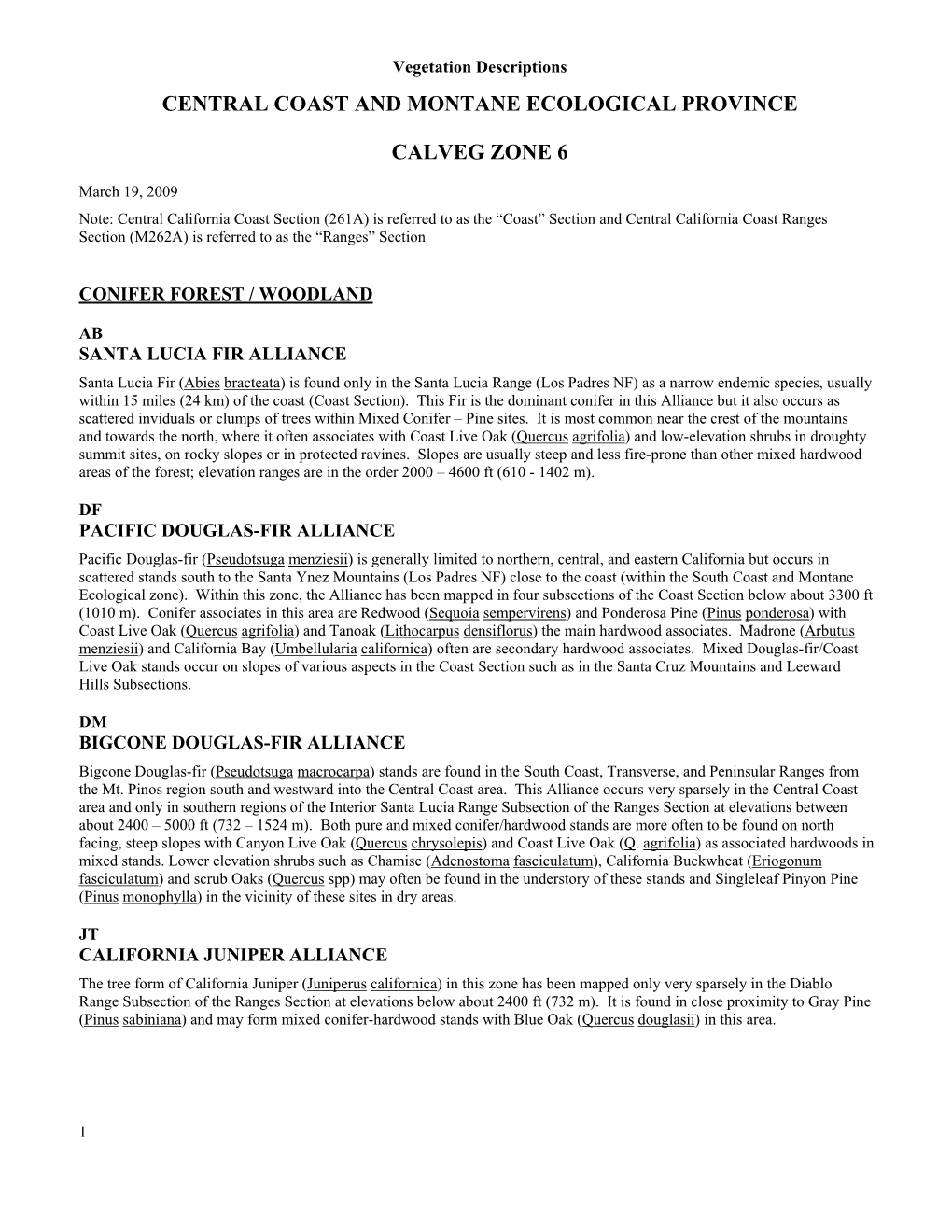 Vegetation Descriptions CENTRAL COAST and MONTANE ECOLOGICAL PROVINCE