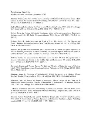 Renaissance Quarterly Books Received, October–December 2012