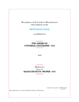 Descriptions of the Canals in Massachusetts; with Emphasis on The