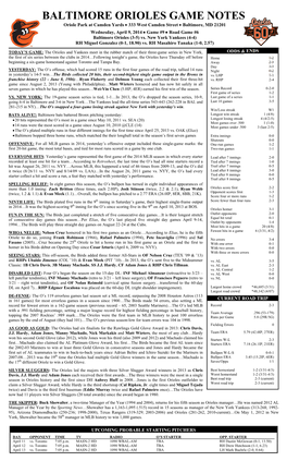 BALTIMORE ORIOLES GAME NOTES Oriole Park at Camden Yards  333 West Camden Street  Baltimore, MD 21201