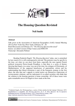 The Housing Question Revisted