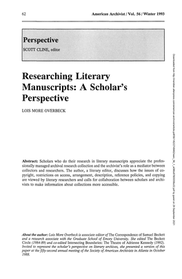 Researching Literary Manuscripts: a Scholar's Perspective