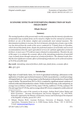 Economic Effects of Intensifying Production of Main Field Crops1