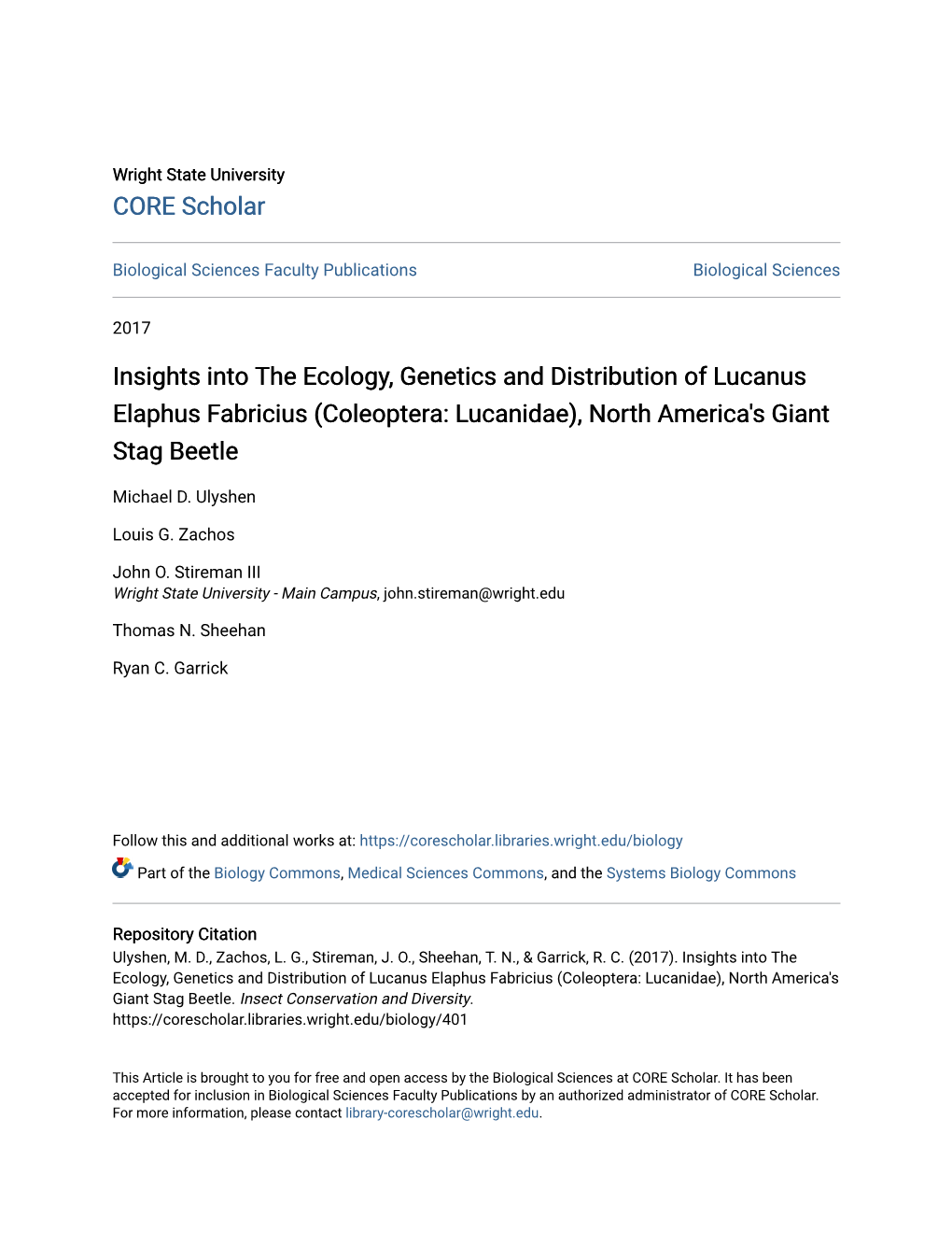 Insights Into the Ecology, Genetics and Distribution of Lucanus Elaphus Fabricius (Coleoptera: Lucanidae), North America's Giant Stag Beetle