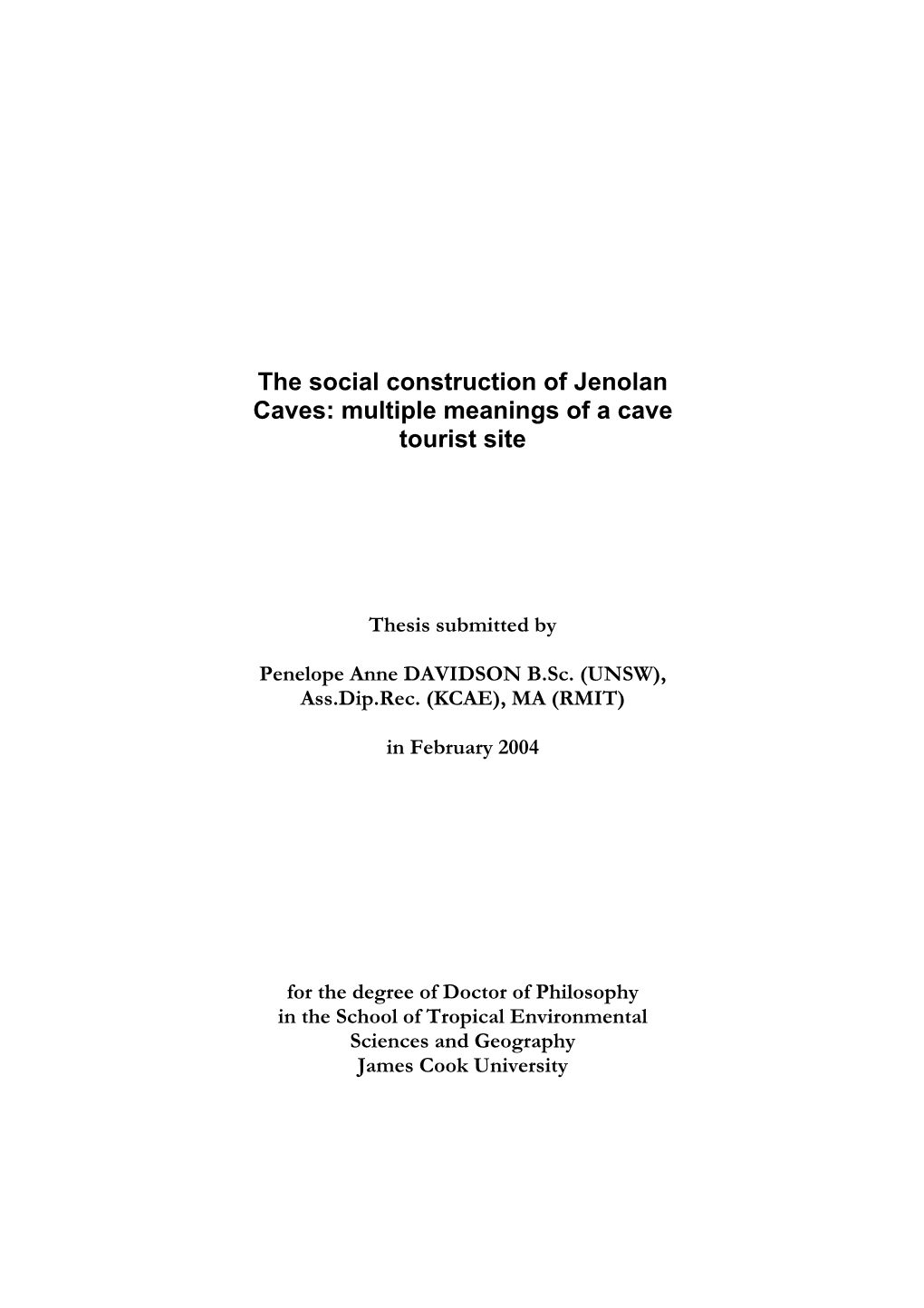 Social Construction of Jenolan Caves: Multiple Meanings of a Cave Tourist Site