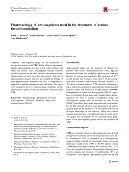 Pharmacology of Anticoagulants Used in the Treatment of Venous Thromboembolism