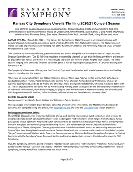 Kansas City Symphony Unveils Thrilling 2020/21 Concert Season