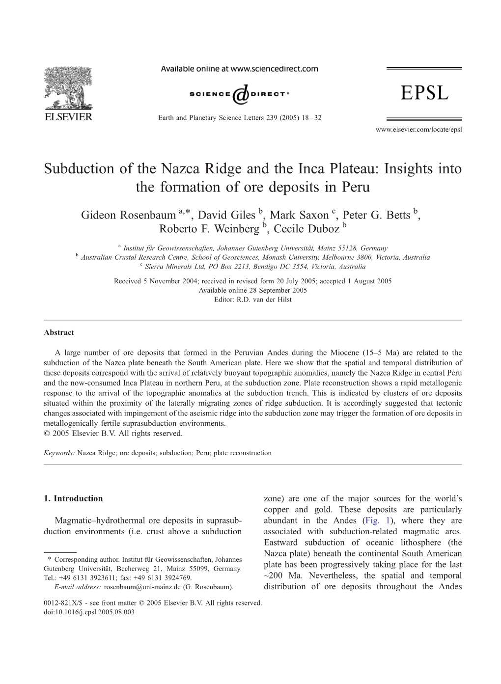 Subduction of the Nazca Ridge and the Inca Plateau: Insights Into the Formation of Ore Deposits in Peru